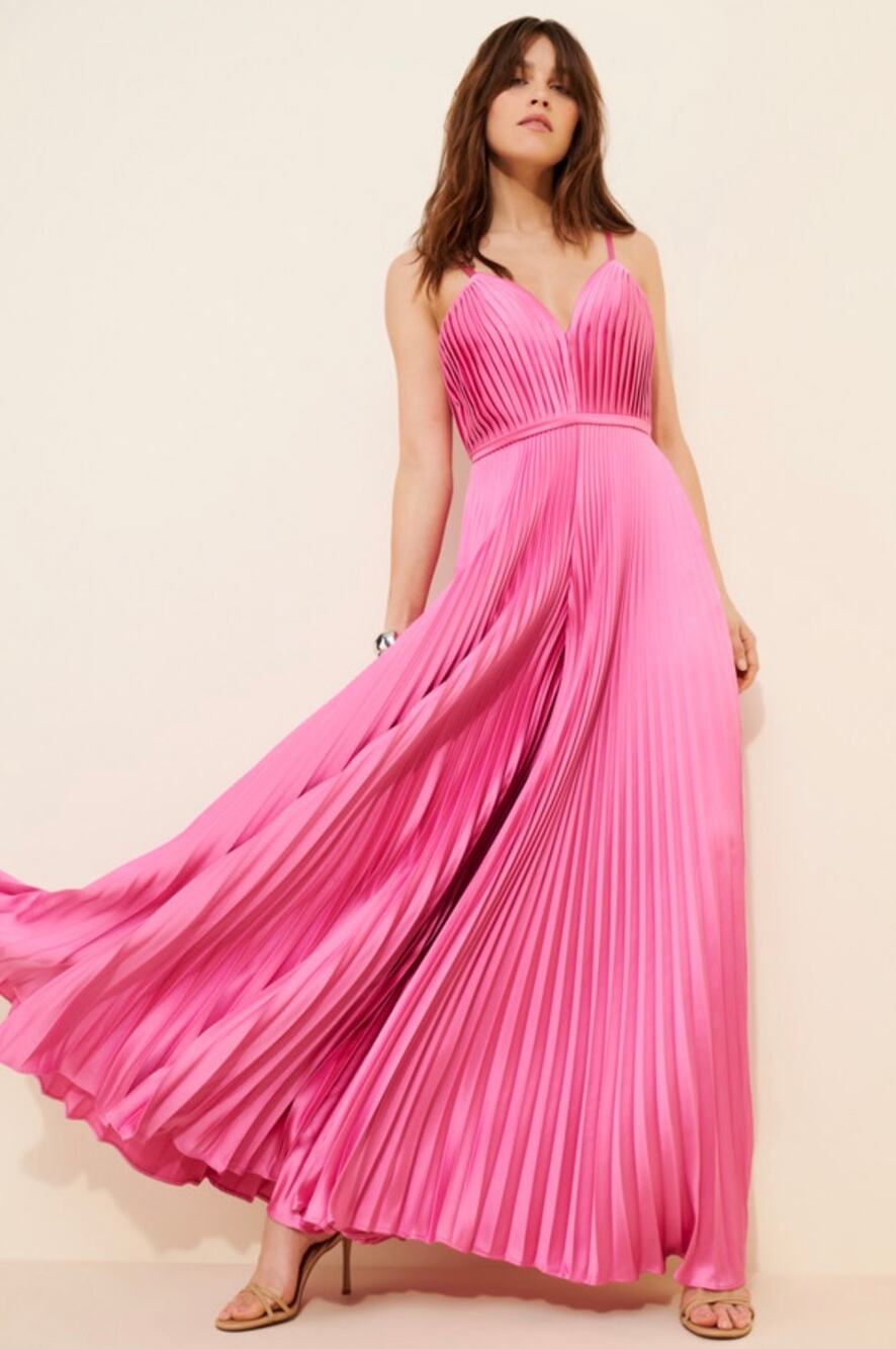 Ieena for Mac Duggal Pleated Plunge Neck Wide Leg Jumpsuit in Pink